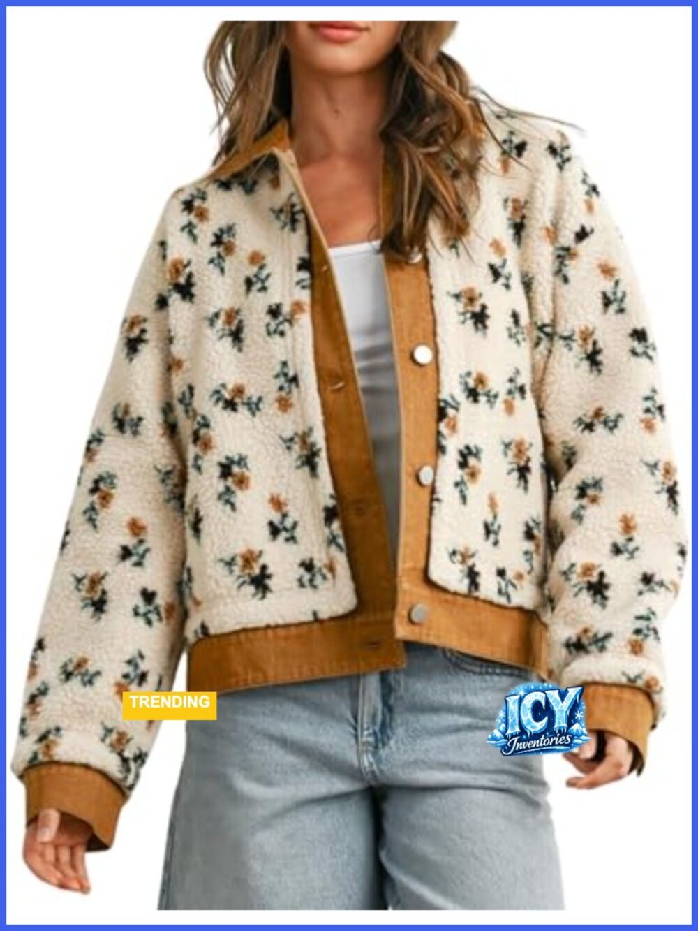 Women's Floral Sherpa Jacket Open Front Denim Collar Warm Oversized Fleece